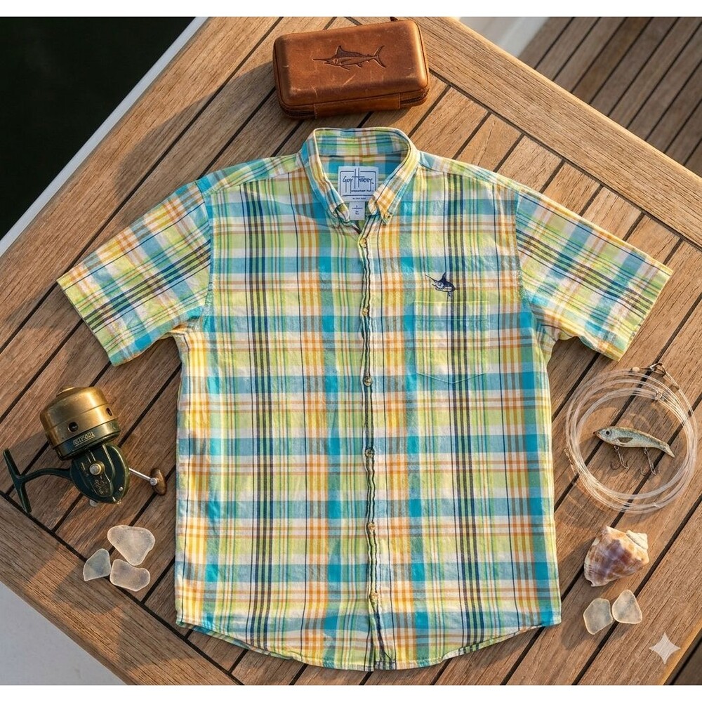 Guy Harvey AFTCO Men Large Multicolor Plaid Short Sleeve Button Up Fishing Shirt